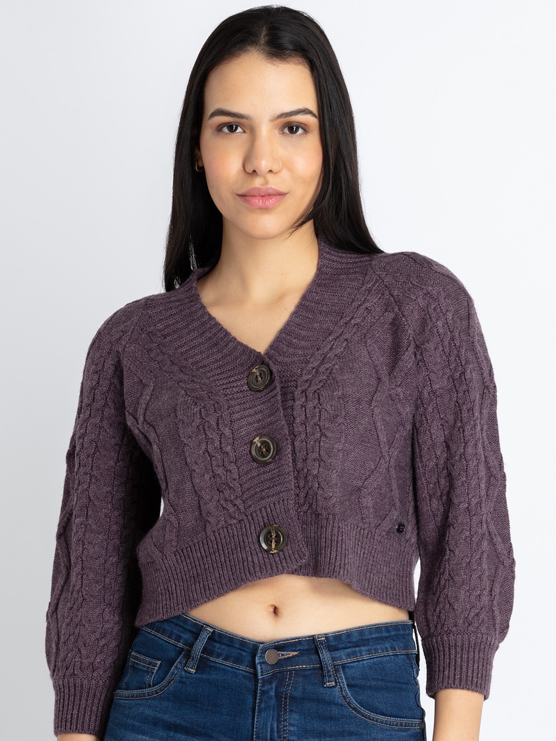 

Status Quo Cable Knit V-Neck Crop Cardigan, Mauve