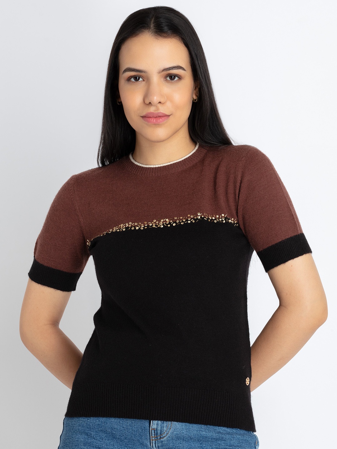 

Status Quo Colourblocked Embellished Pullover, Brown
