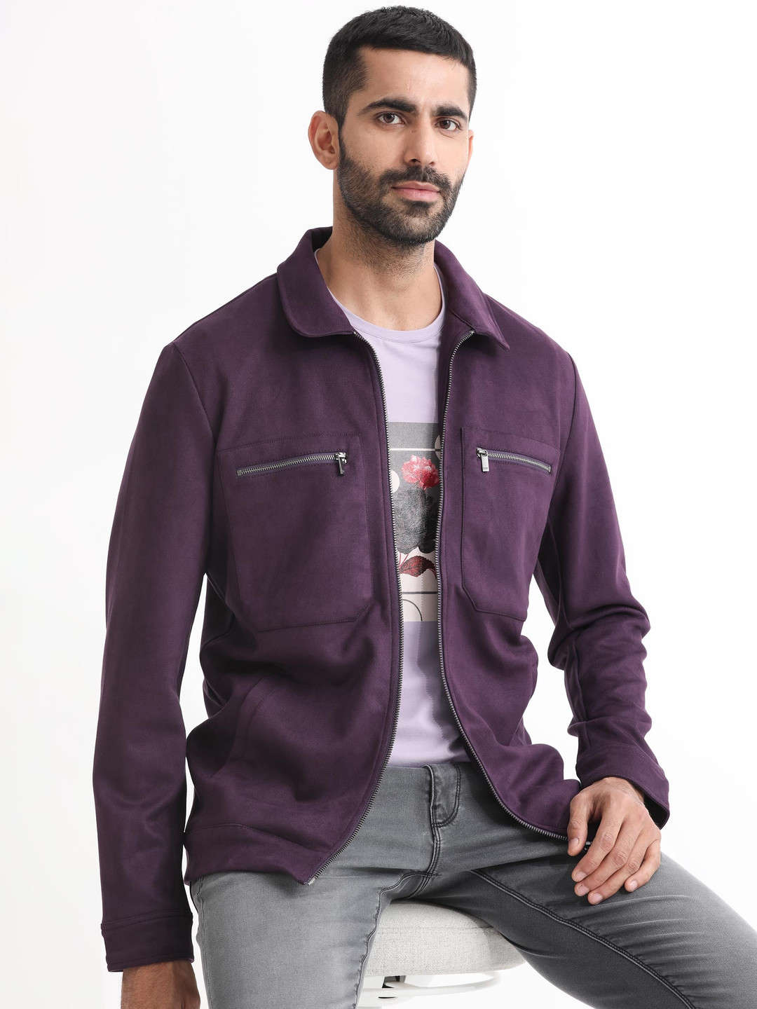 

RARE RABBIT Men Bax Strectch Regular Fit Spread Collar Jacket, Purple