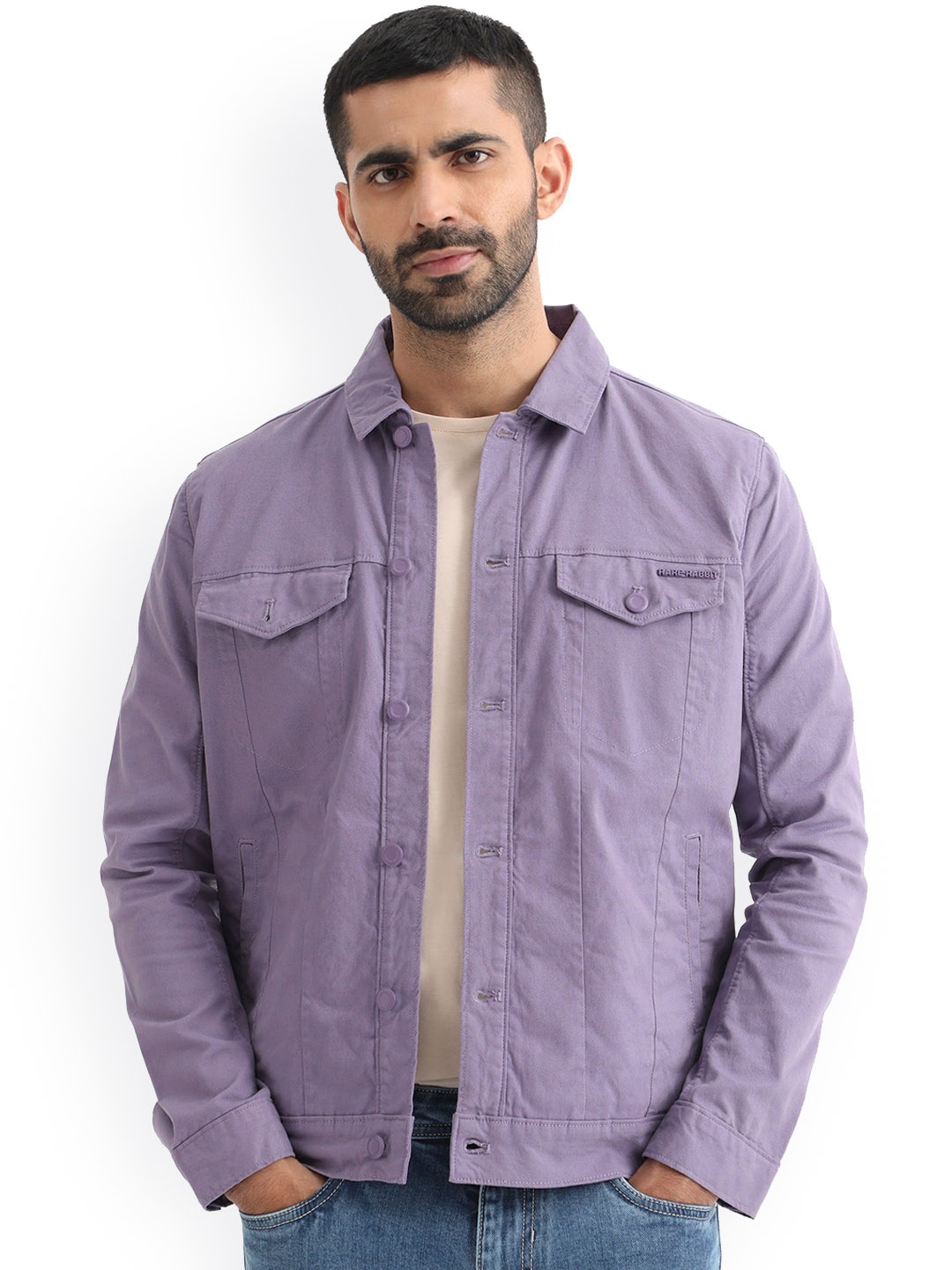 

RARE RABBIT Men Vintago Tailored Fit Stand Cotton Denim Jacket, Purple