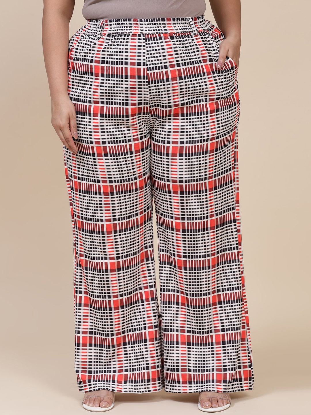 

Flambeur Women Checked Relaxed High-Rise Parallel Trousers, White