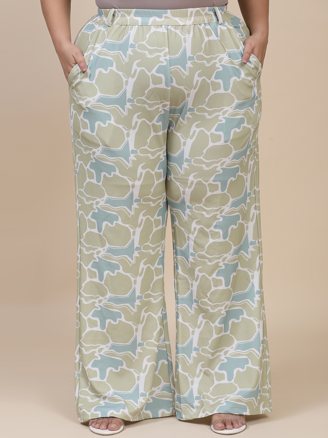 

Flambeur Women Plus Size Printed Relaxed High-Rise Parallell Trousers, Beige