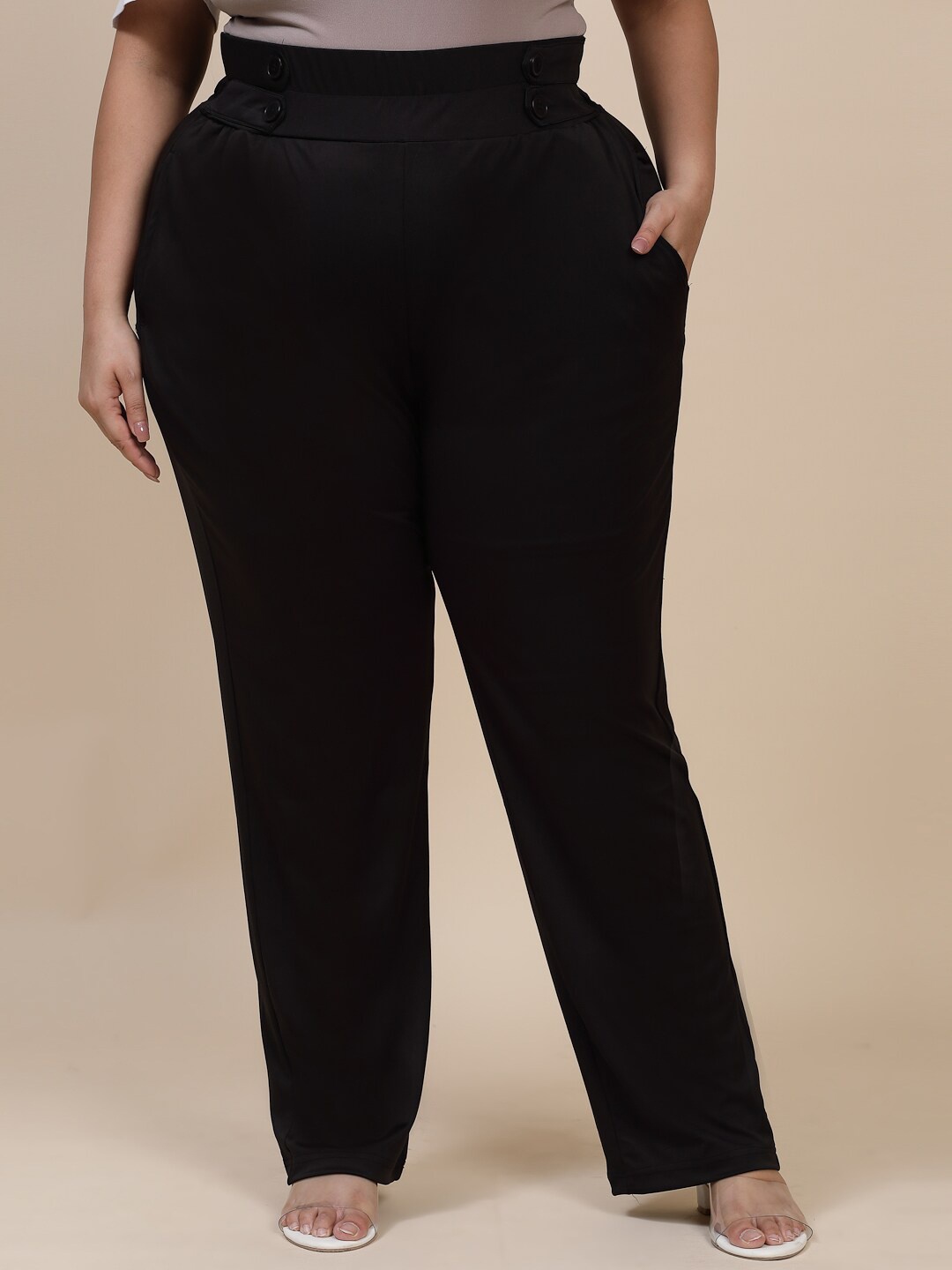 

Flambeur Women Plus Size Relaxed Fit High-Rise Trousers, Black