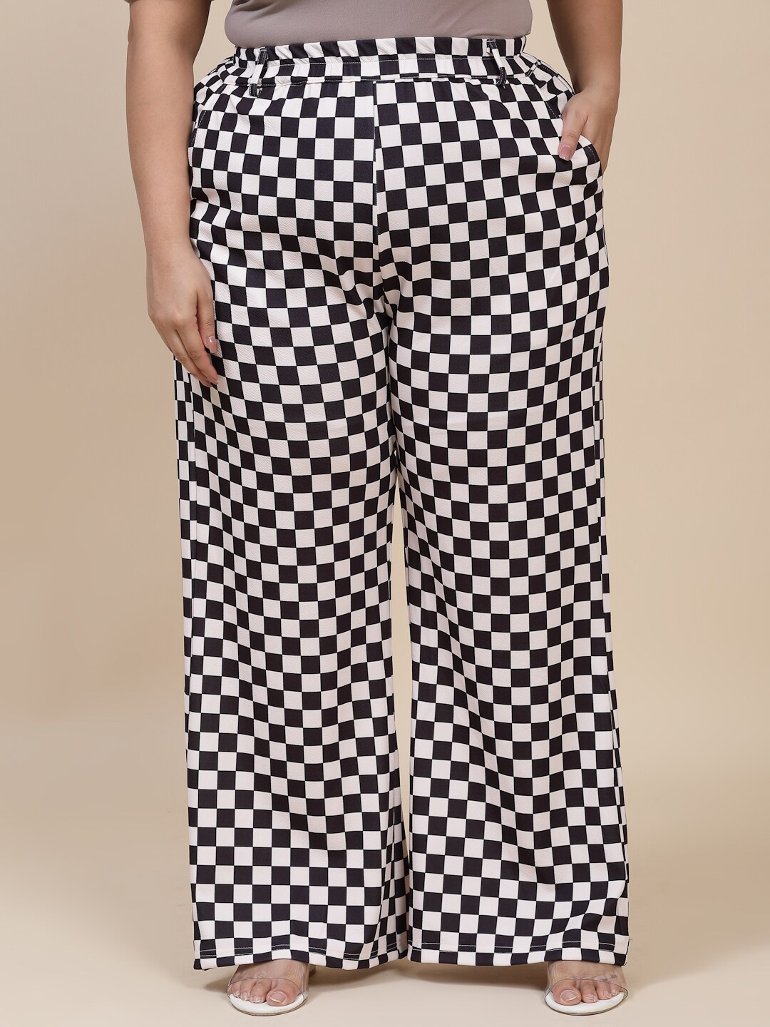 

Flambeur Women Plus Size Checked Relaxed High-Rise Parallel Trousers, Black