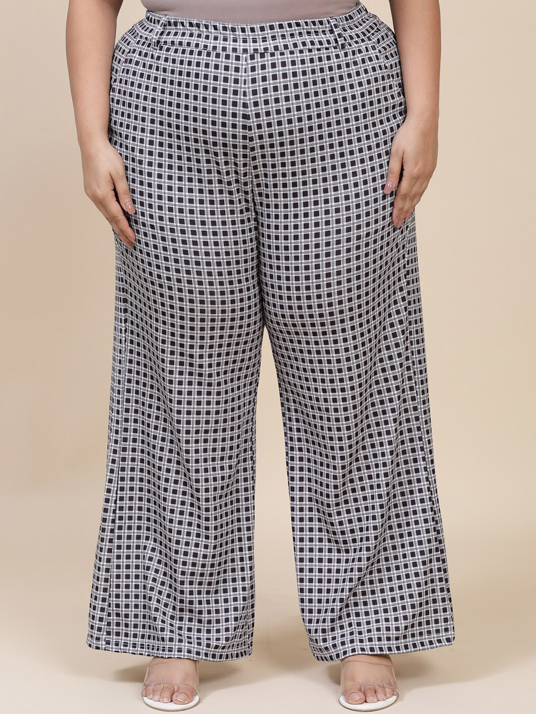 

Flambeur Women Plus Size Checked Relaxed High-Rise Parallel Trousers, Black