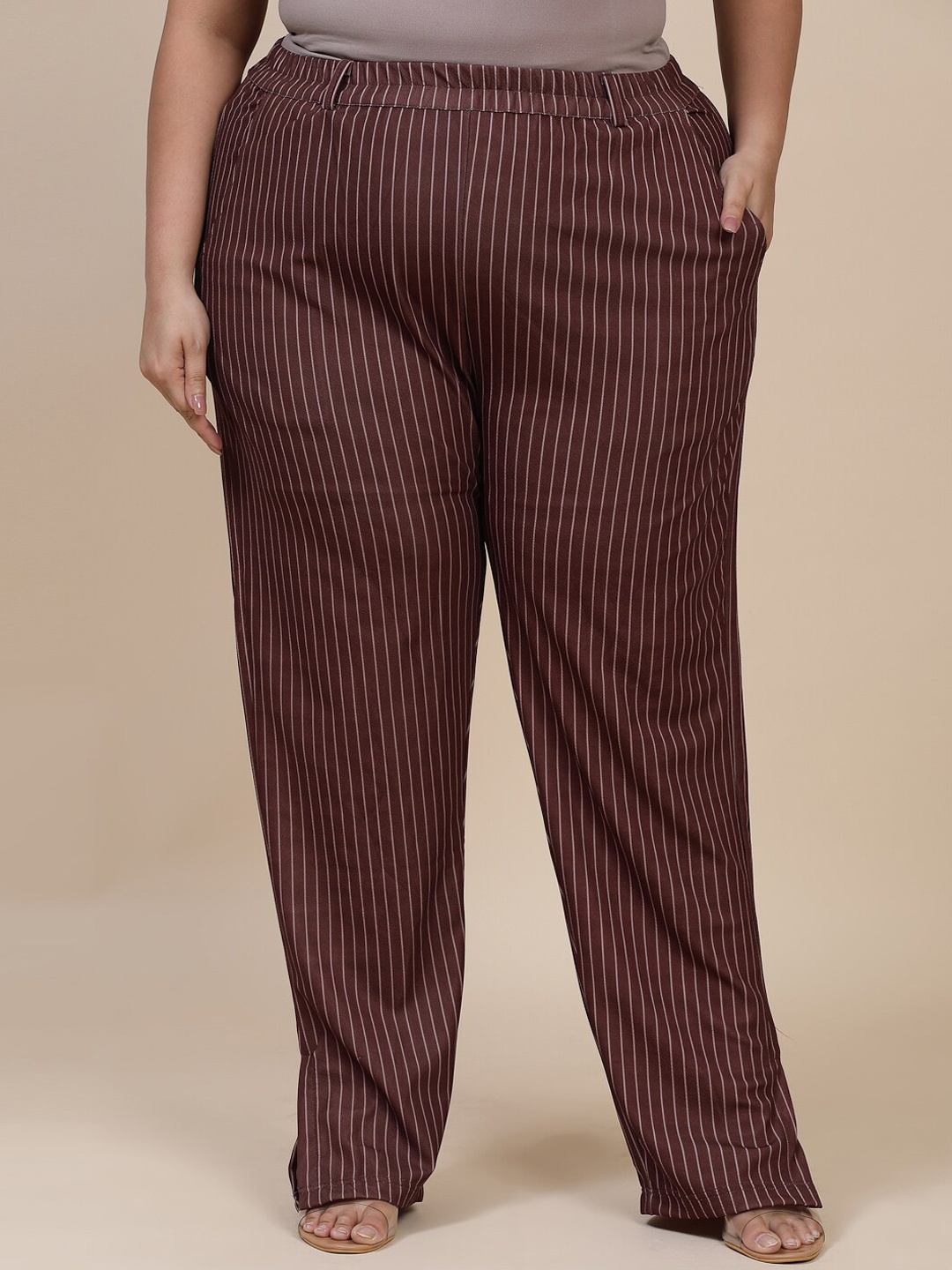 

Flambeur Plus Size Women Striped Relaxed Fit High-Rise Parallel Trousers, Brown
