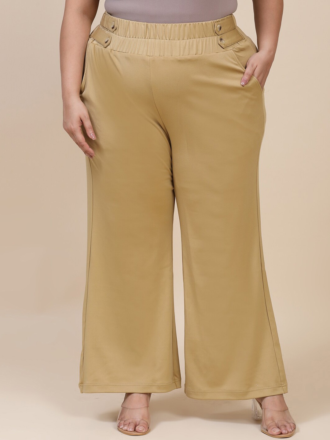 

Flambeur Women Plus Size Relaxed High-Rise Parallell Trousers, Nude