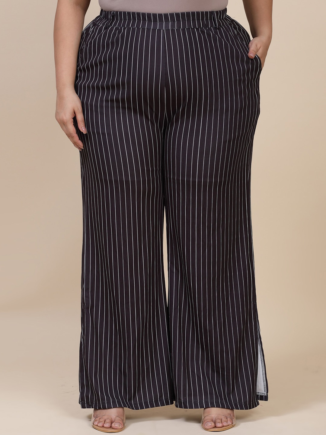 

Flambeur Women Plus Size Striped Relaxed Fit High-Rise Parallel Trousers, Black