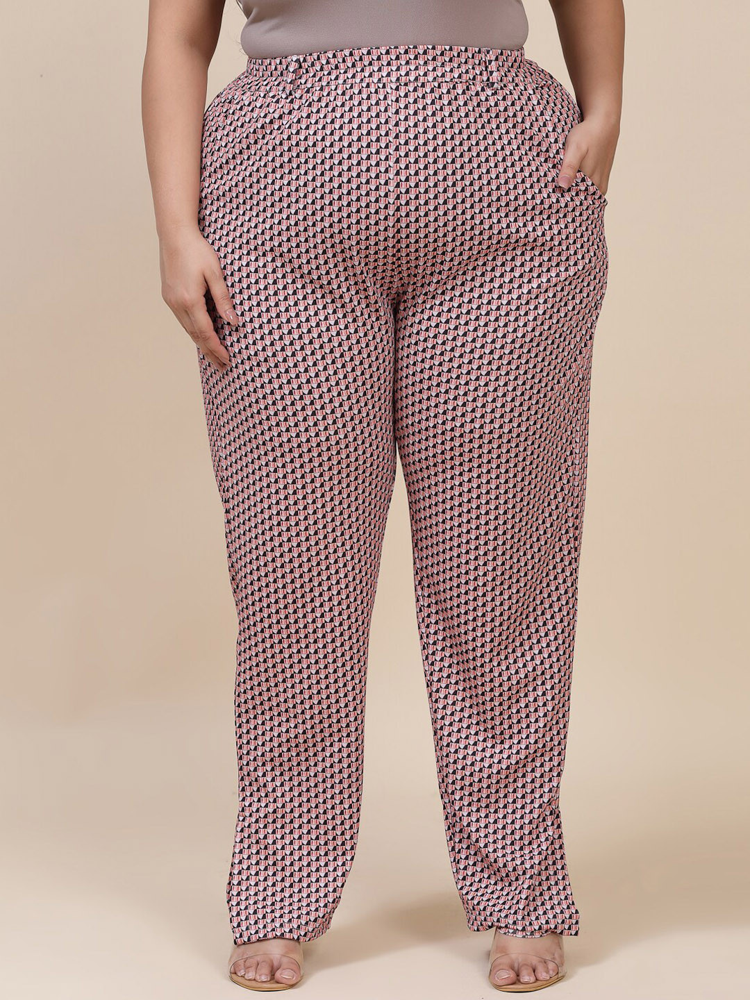 

Flambeur Women Plus Size Printed Relaxed High-Rise Parallell Trousers, Pink