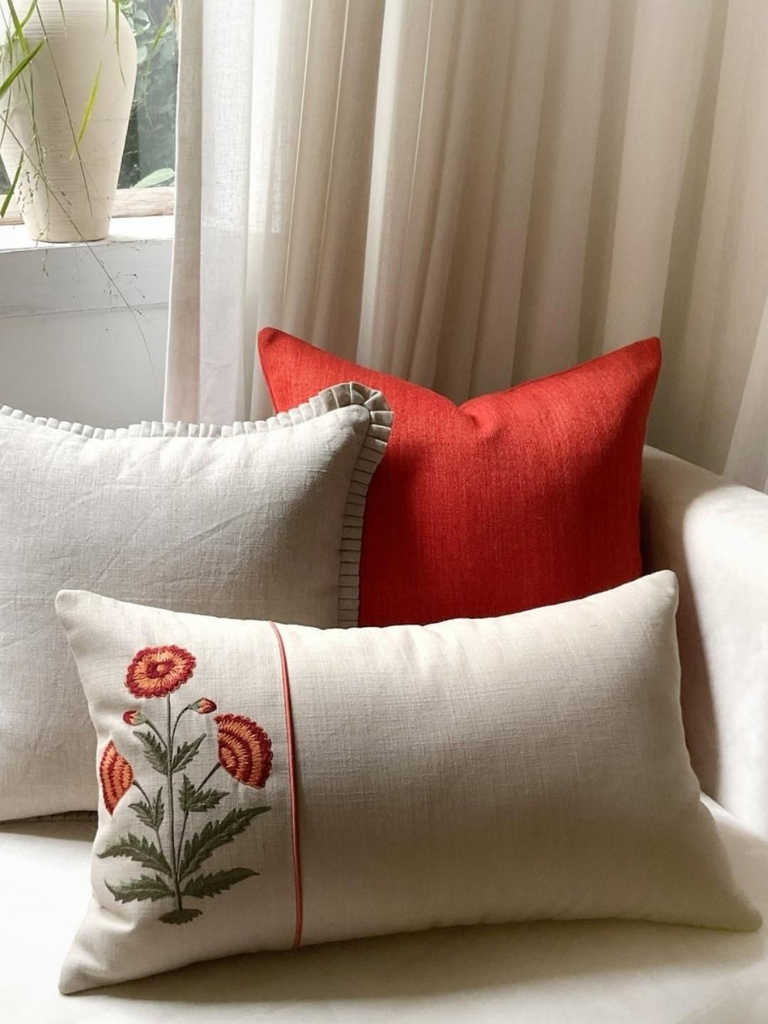 

Studio Covers Beige & Red Floral Embroidered Rectangle Cushion Cover