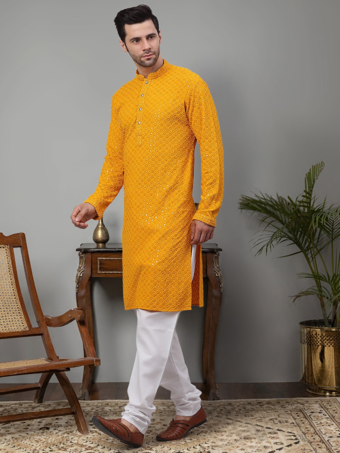 

Jompers Ethnic Motifs Embroidered Sequinned Pure Cotton Kurta with Churidar, Mustard