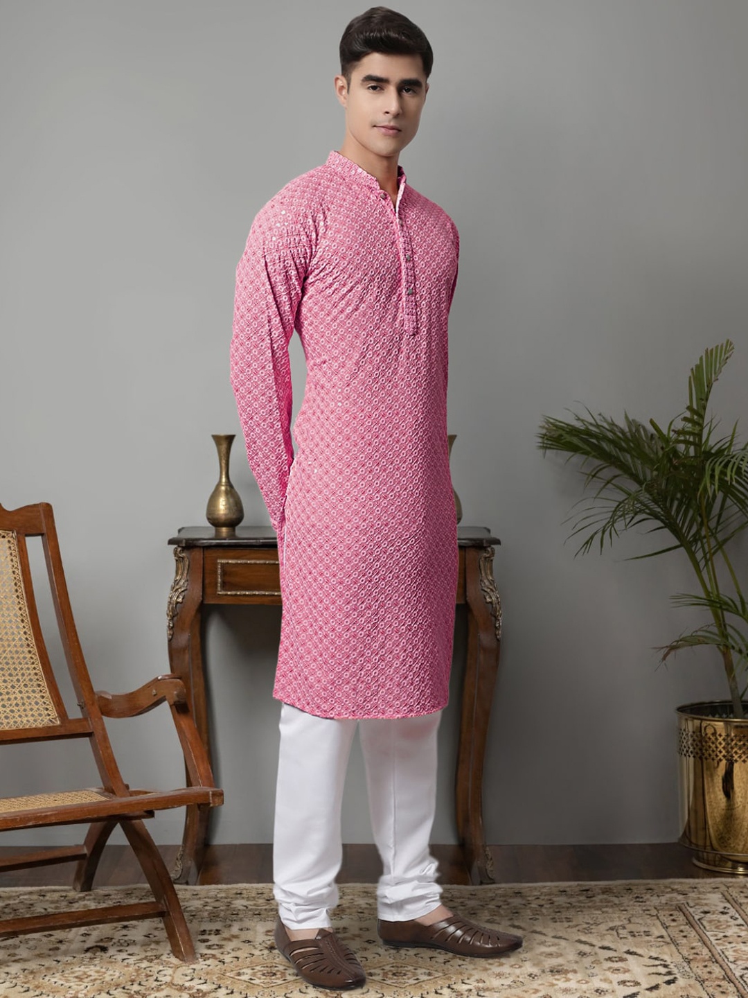 

Jompers Ethnic Motifs Embroidered Sequinned Pure Cotton Kurta with Churidar, Pink