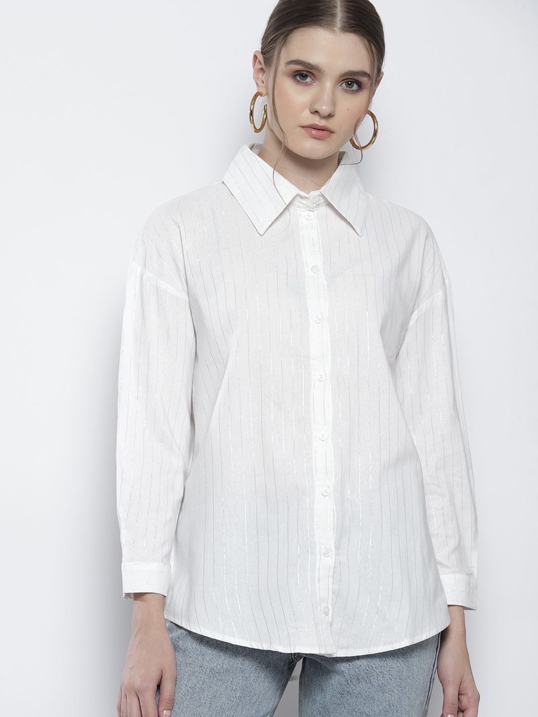 

DOROTHY PERKINS Foil Striped Oversized Shirt, White