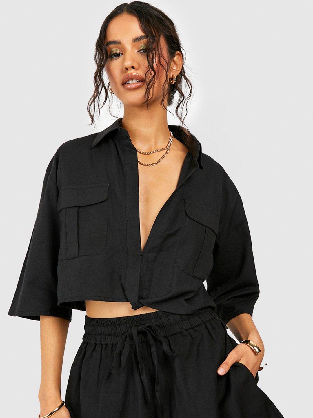 

Boohoo Pure Cotton Oversized Crop Casual Shirt, Black