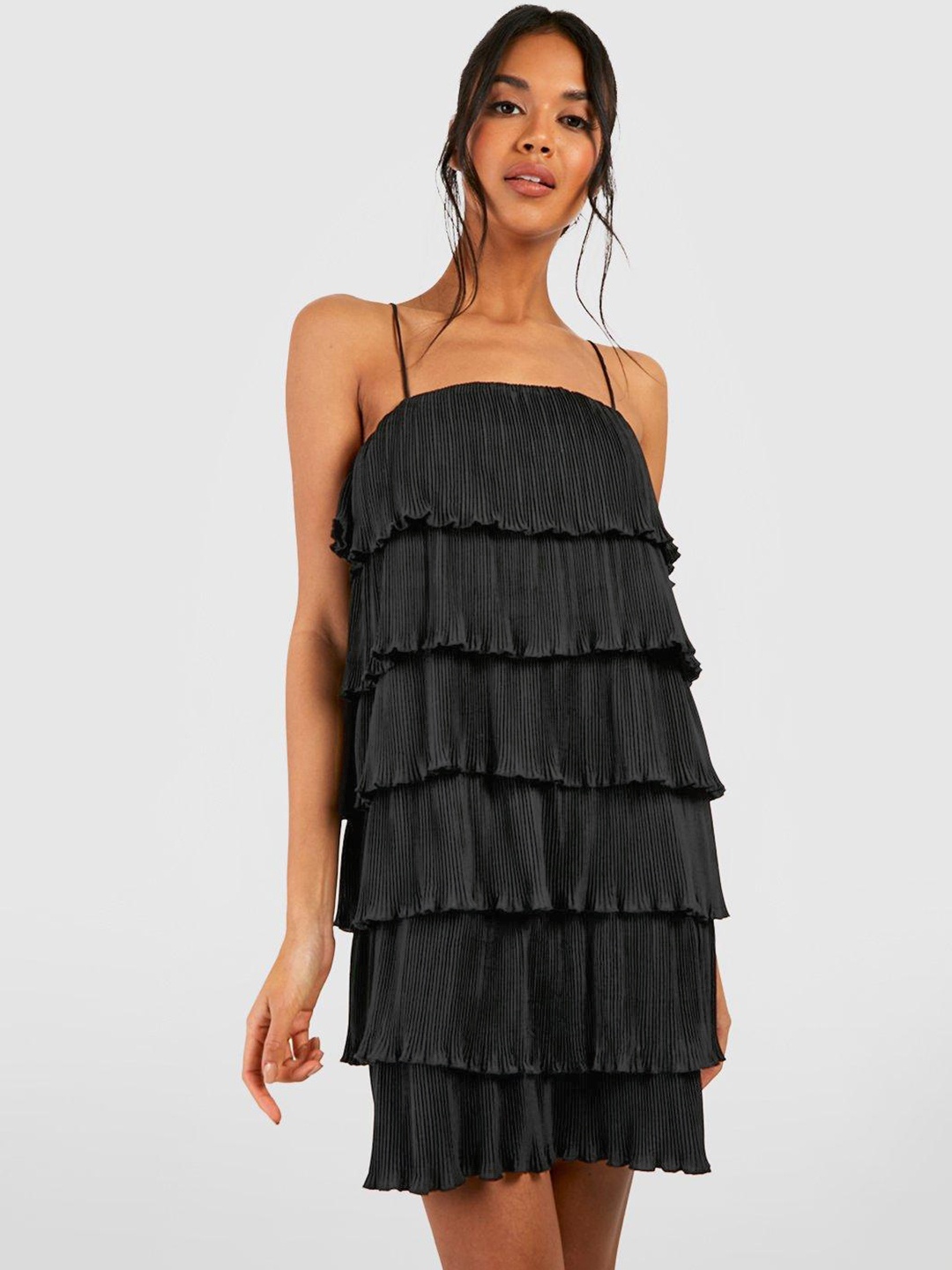 

Boohoo Accordion Pleated Layered A-Line Mini Dress, Black