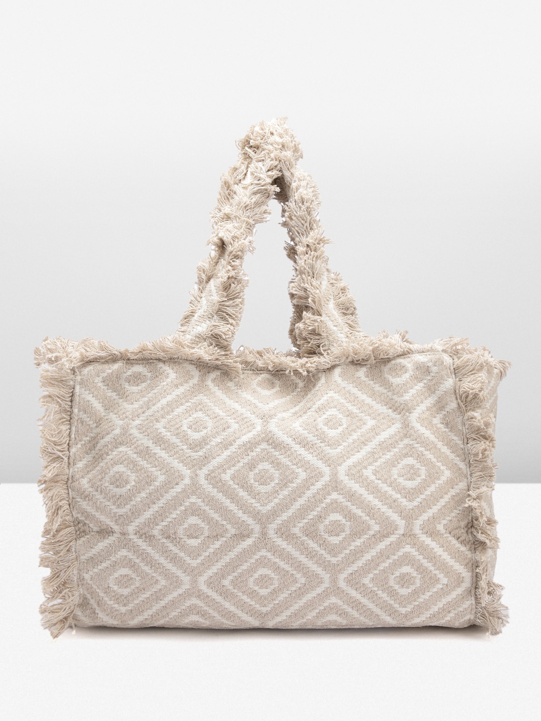 

Boohoo Women Geometric Self Design Structured Tasselled Handheld Bag, Beige