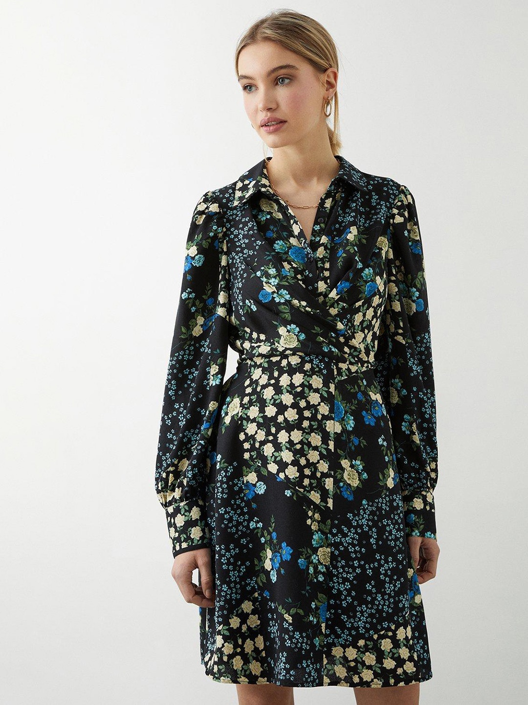 

DOROTHY PERKINS Floral Print Shirt Mini Dress, Black