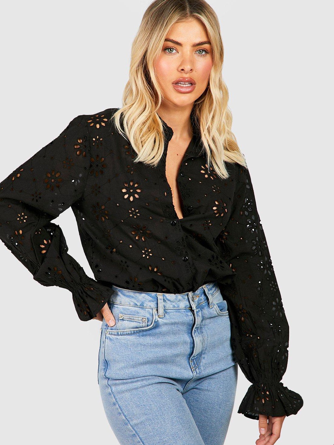 

Boohoo Schiffli Embroidered Cotton Casual Shirt, Black
