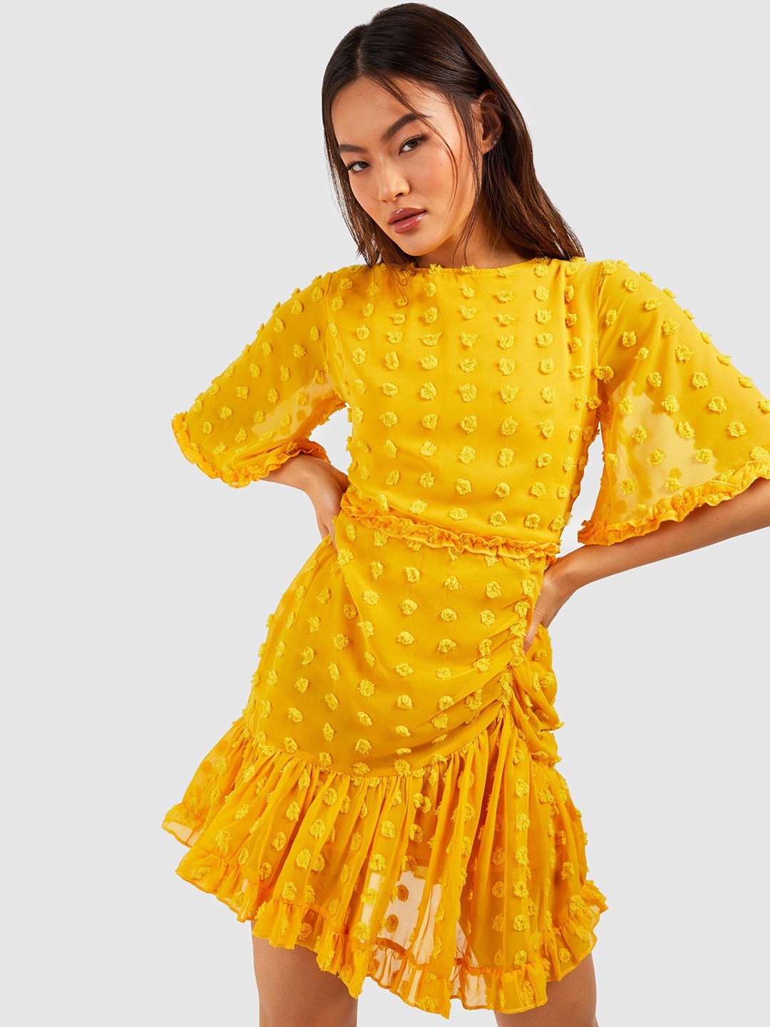 

Boohoo Dobby Detail Flared Sleeves Ruched Mini Dress, Yellow