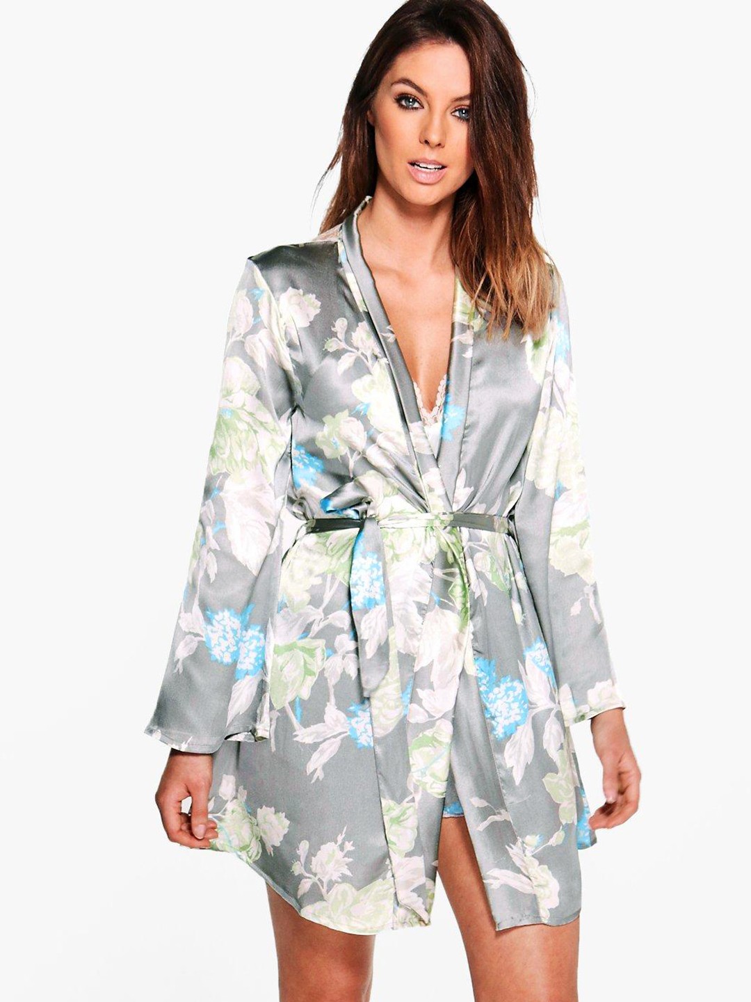 

Boohoo Lace Inserted Floral Print Satin Bathrobe, Grey