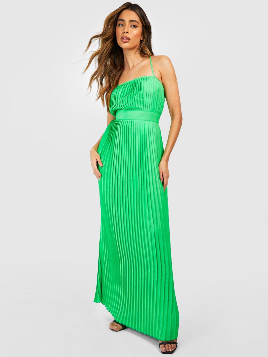 

Boohoo Accordion Pleated Satin Maxi Dress, Green