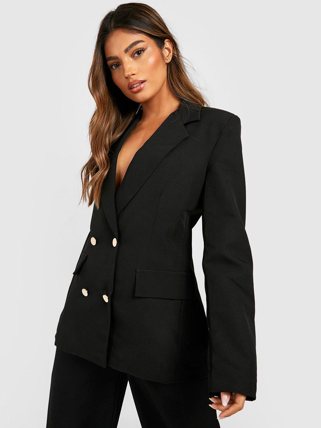 

Boohoo Double-Breasted Button Front Blazer, Black