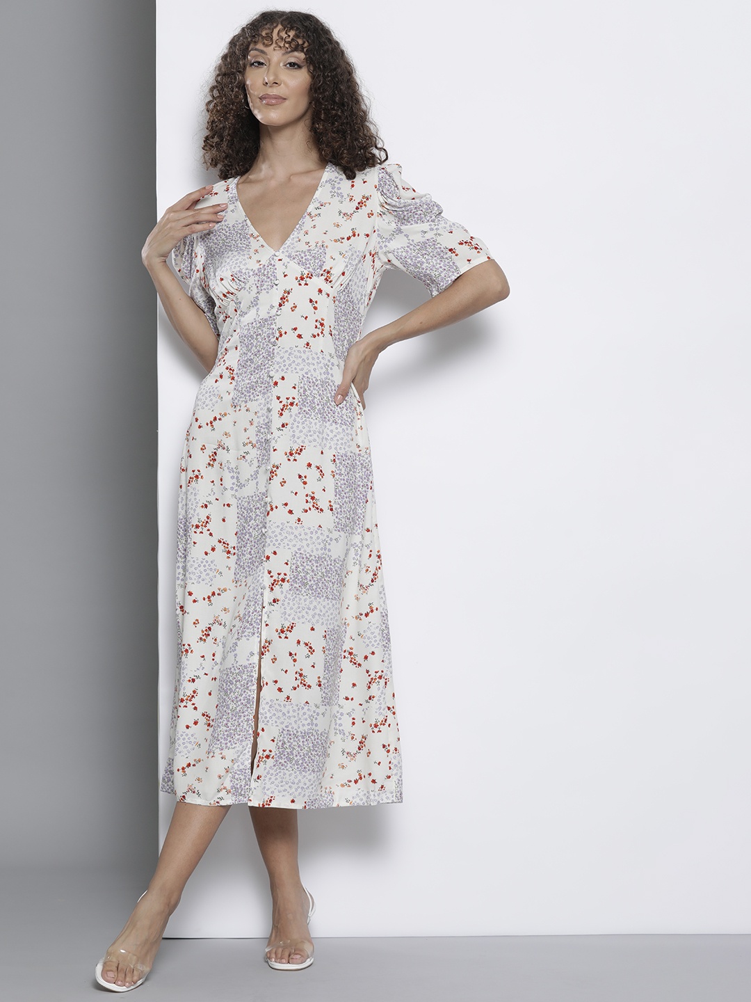 

DOROTHY PERKINS Petite Floral Print A-Line Midi Dress, White