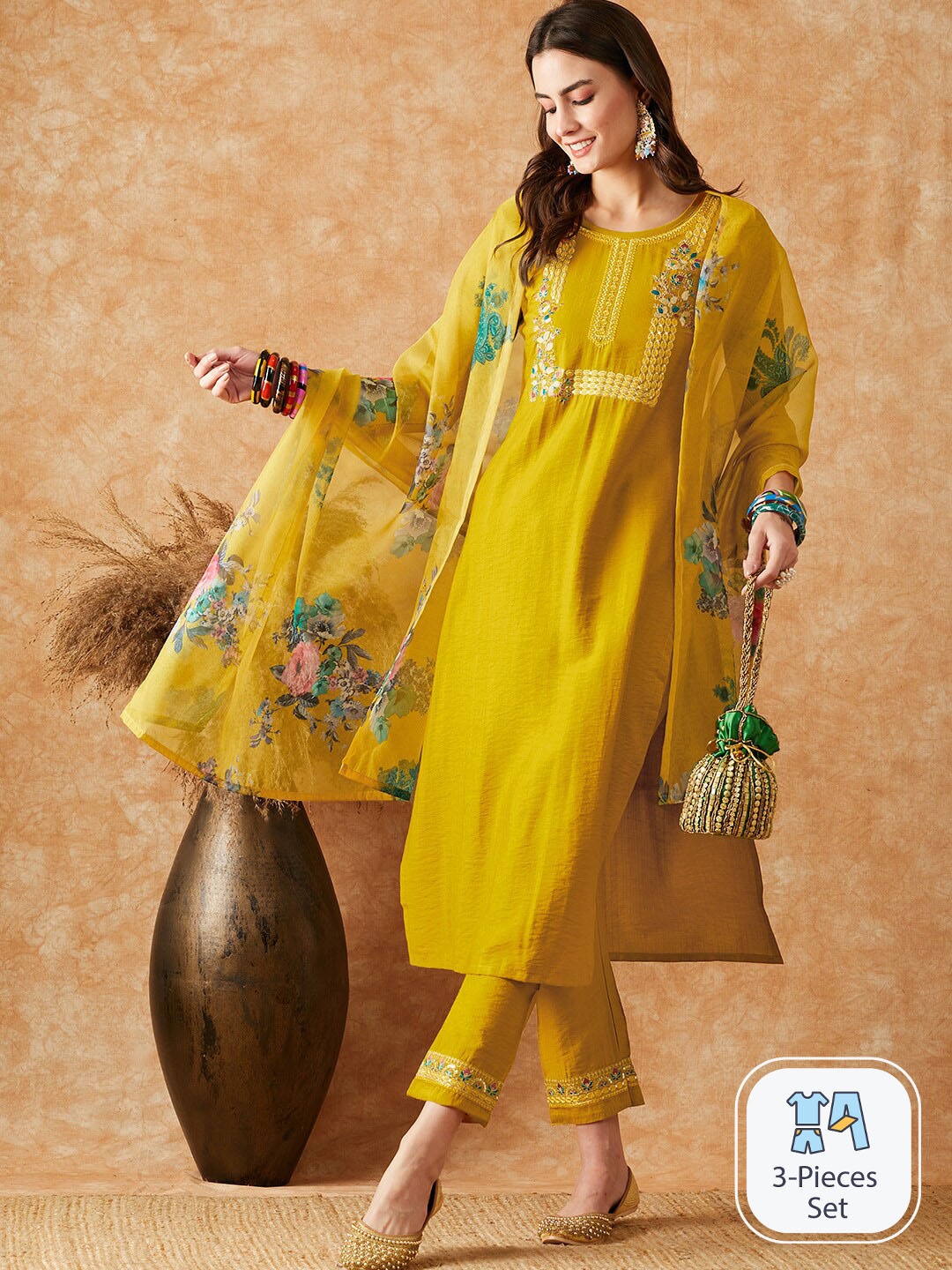 

Sangria Embroidered Straight Kurta With Trouser & Dupatta, Mustard