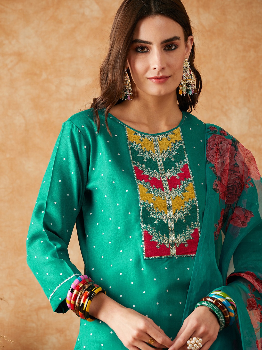 

Sangria Floral Printed & Embroidered Straight Kurta With Trouser & Dupatta Set, Teal