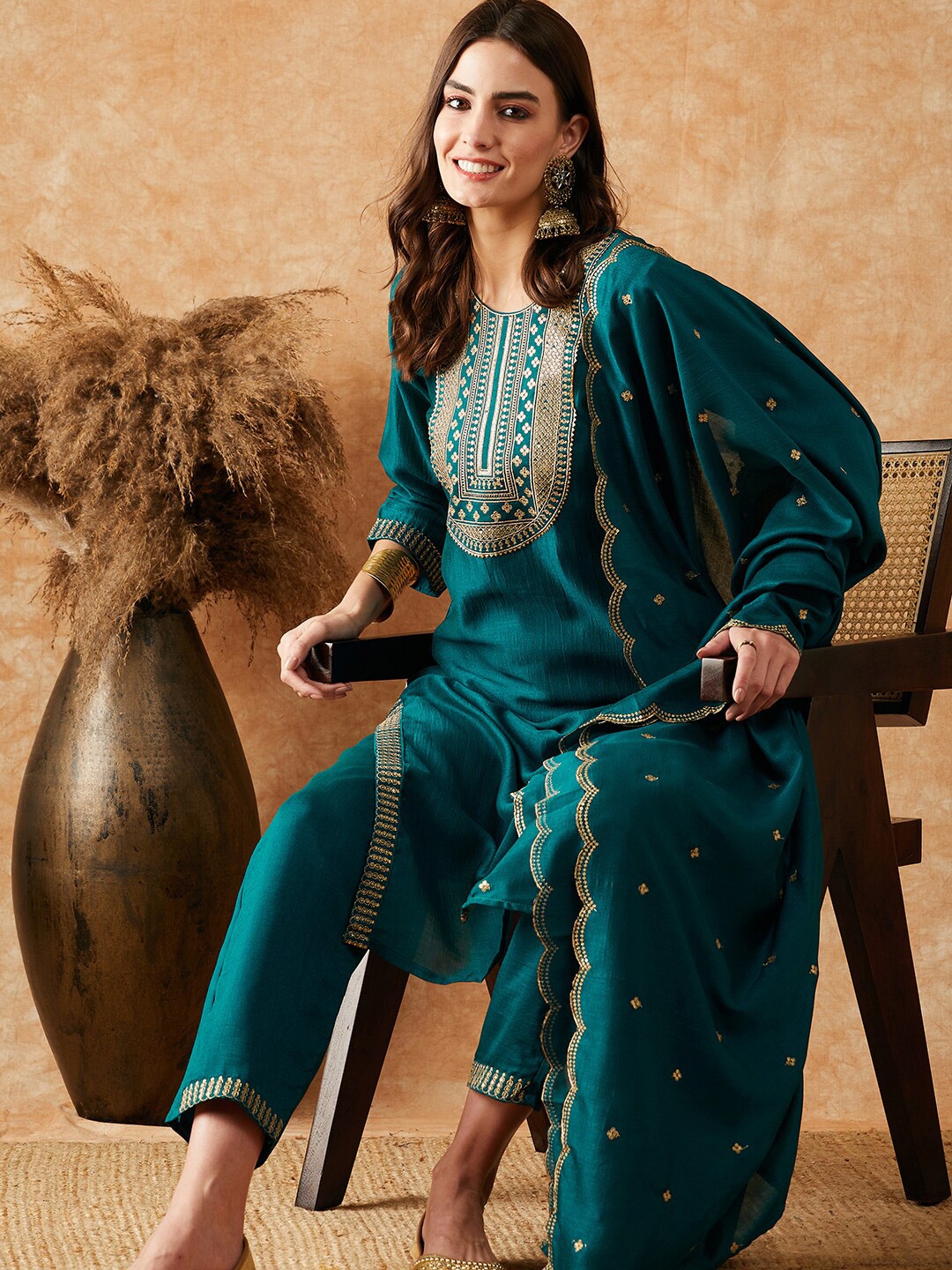 

Sangria Teal Blue Ethnic Motifs Embroidered Zari Sequinned Kurta With Trouser & Dupatta