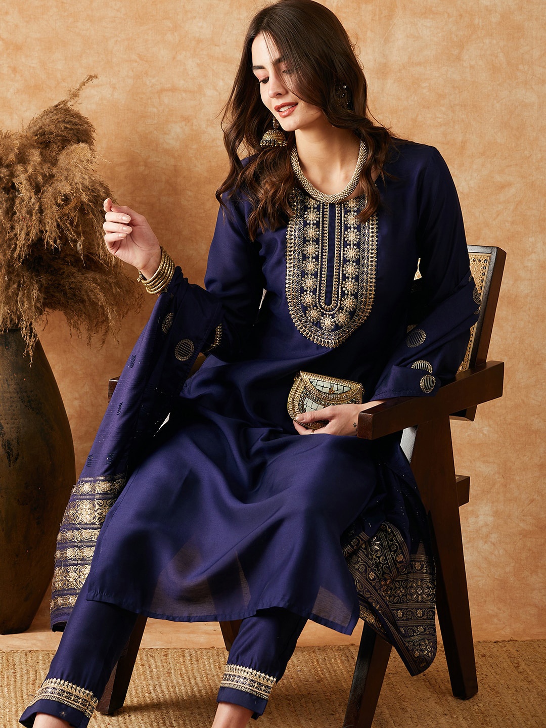 

Sangria Ethnic Motifs Embroidered Sequinned Kurta With Trouser & Dupatta, Blue