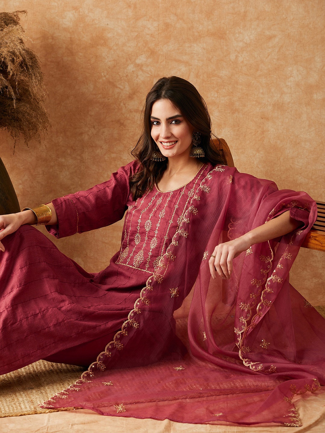 

Sangria Ethnic Motifs Yoke Embroidered Sequinned Straight Kurta With Trouser & Dupatta, Pink