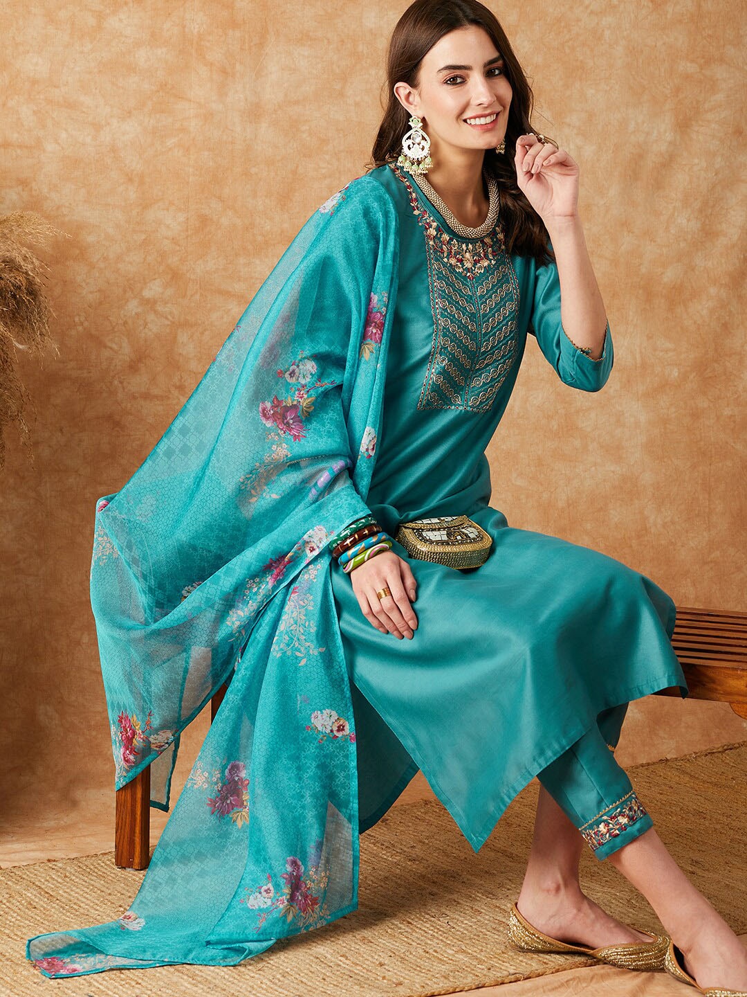 

Sangria Blue Ethnic Motifs Embroidered Kurta With Trouser & Dupatta