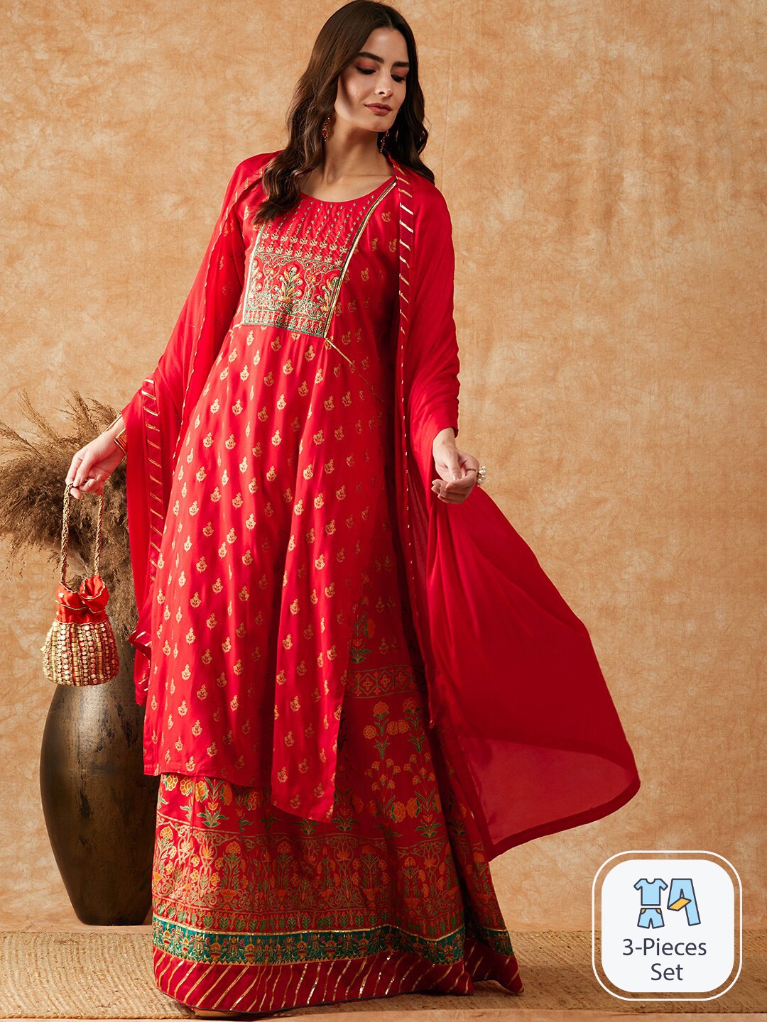 

Sangria Floral Printed Thread Work Kurta With Skirt & Dupatta, Red