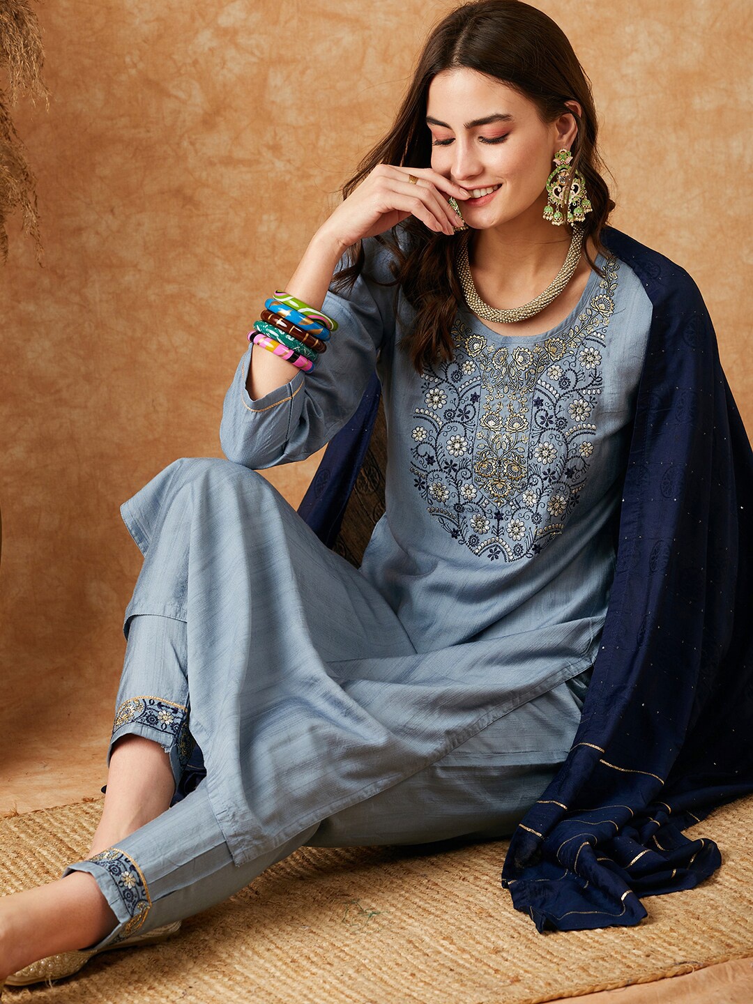 

Sangria Floral Yoke Embroidered Sequinned Straight Kurta & Trouser With Dupatta, Grey