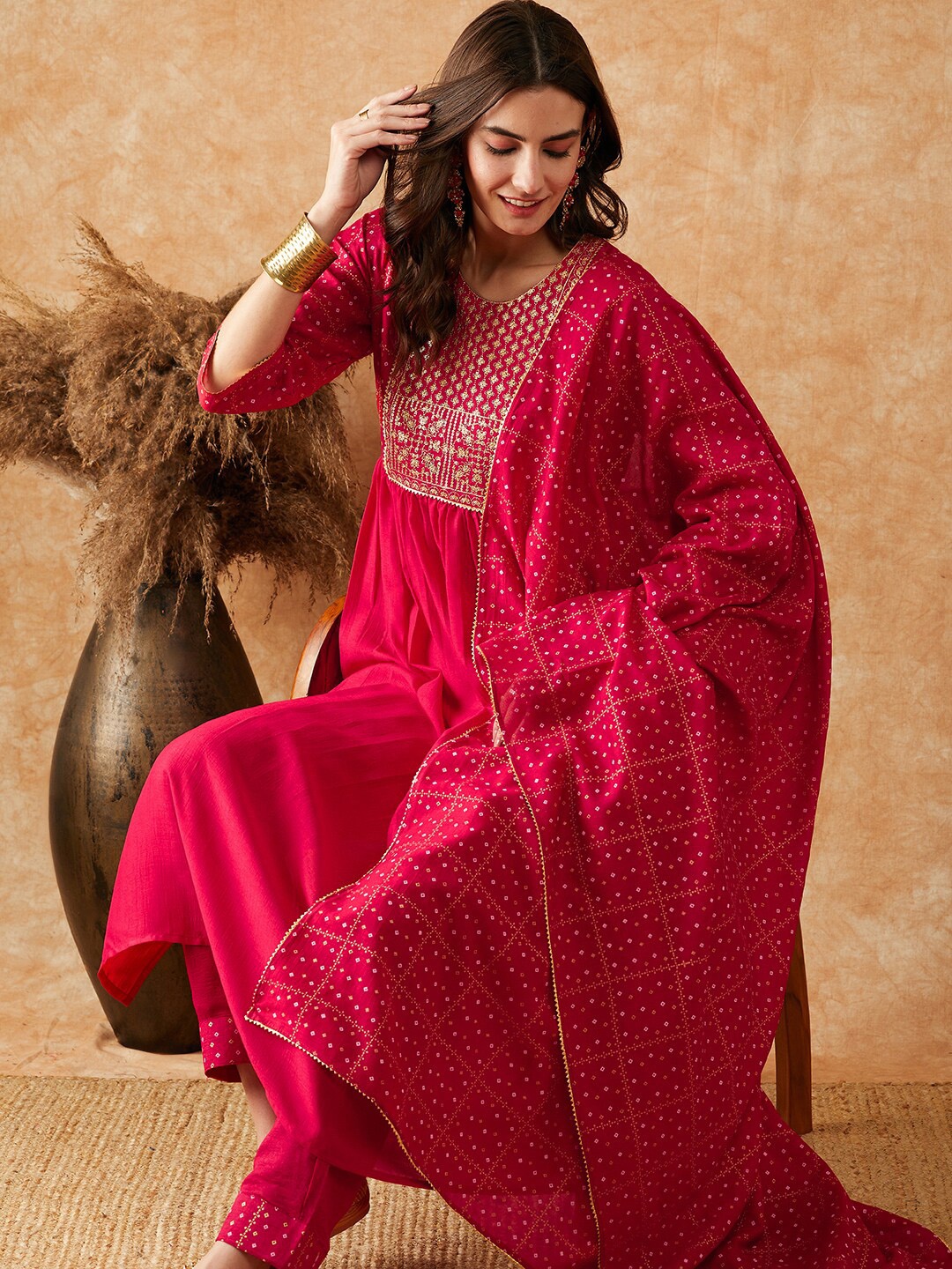 

Sangria Embroidered Straight Kurta With Trouser & Printed Dupatta, Pink