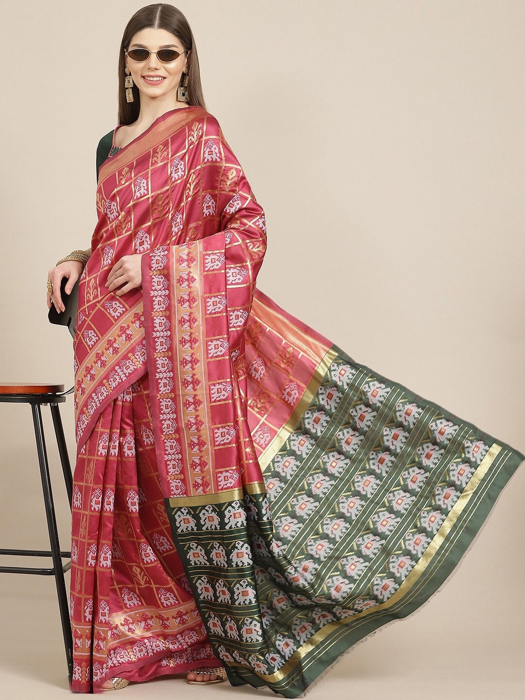 

Mitera Ethnic Motifs Floral Zari Detailed Patola Saree, Pink