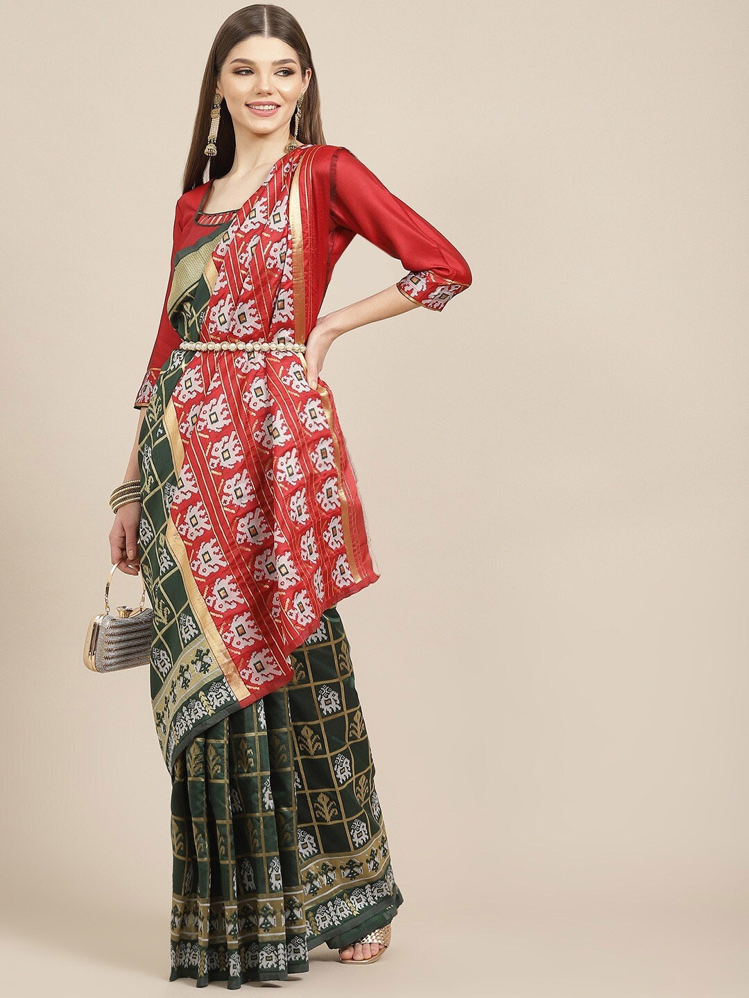 

Mitera Ethnic Motifs Woven Design Zari Patola Saree, Green