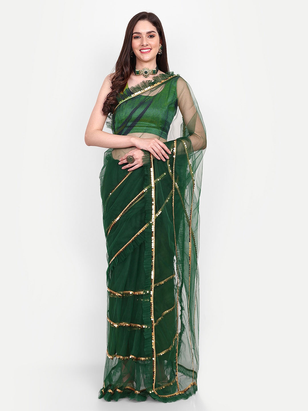 

BARKIYA CREATION Embellished Sequinned Saree, Green