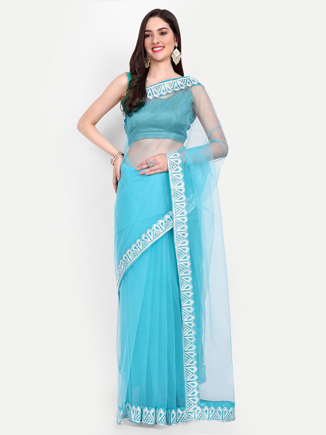 

BARKIYA CREATION Aari Work Saree, Blue