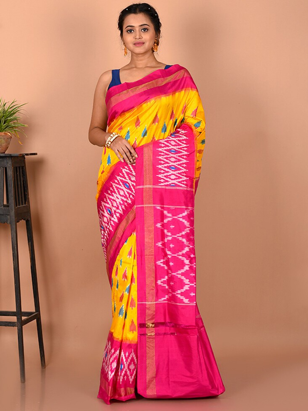

AllSilks Ethnic Motifs Woven Designed Zari Pure Silk Pochampally Saree, Yellow