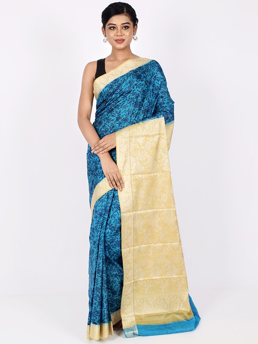

AllSilks Floral Printed Zari Pure Silk Saree, Blue