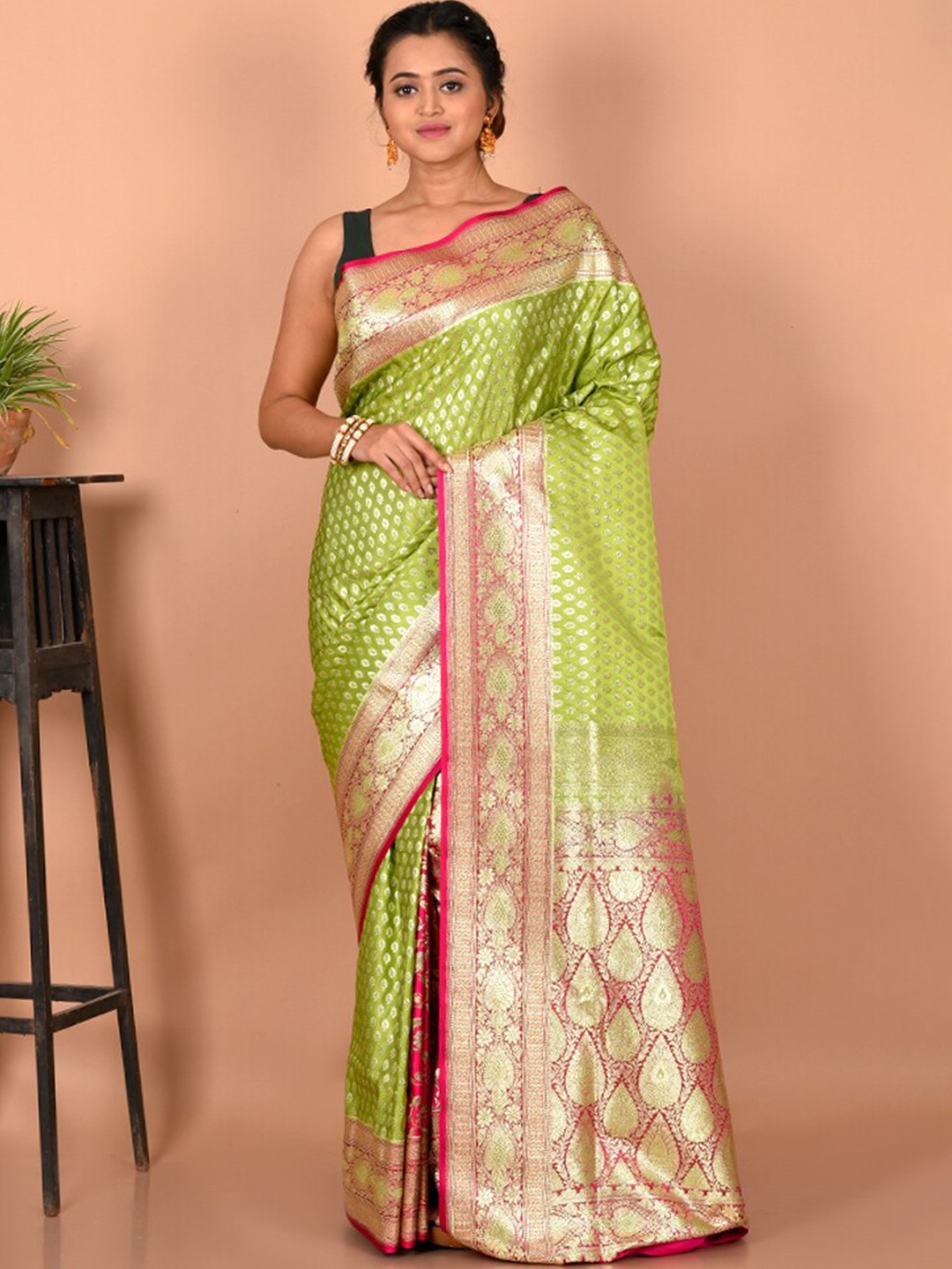 

AllSilks Ethnic Motifs Woven Design Zari Detailed Banarasi Saree, Green