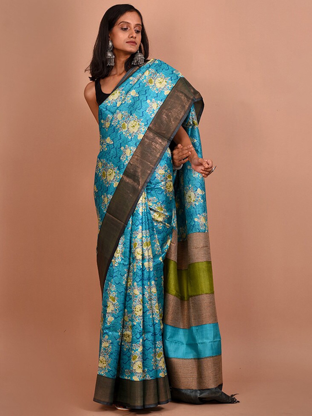 

AllSilks Floral Woven Design Zari Detailed Art Silk Tussar Saree, Blue