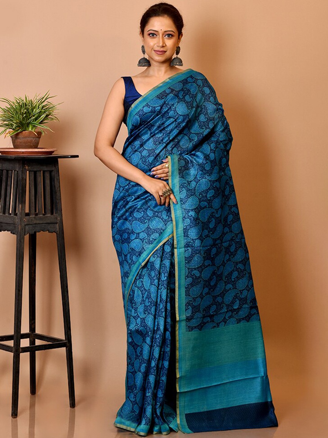 

AllSilks Paisley Printed Art Silk Tussar Saree, Blue