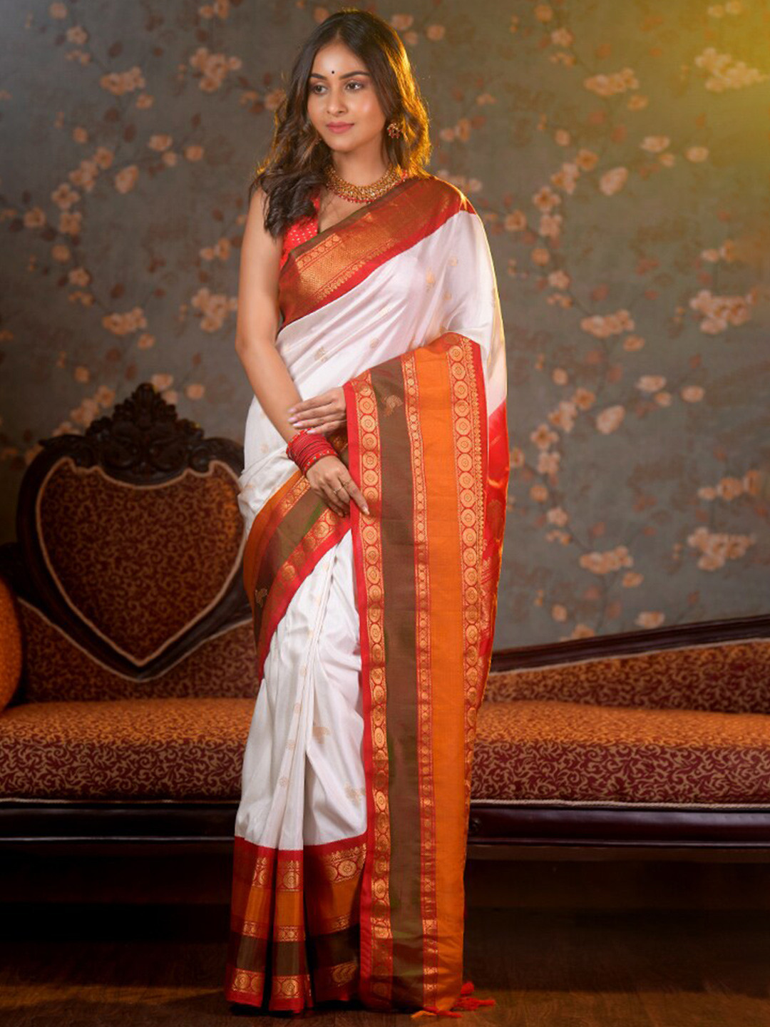 

AllSilks Ethnic Motifs Woven Design Zari Pure Silk Gadwal Saree, White