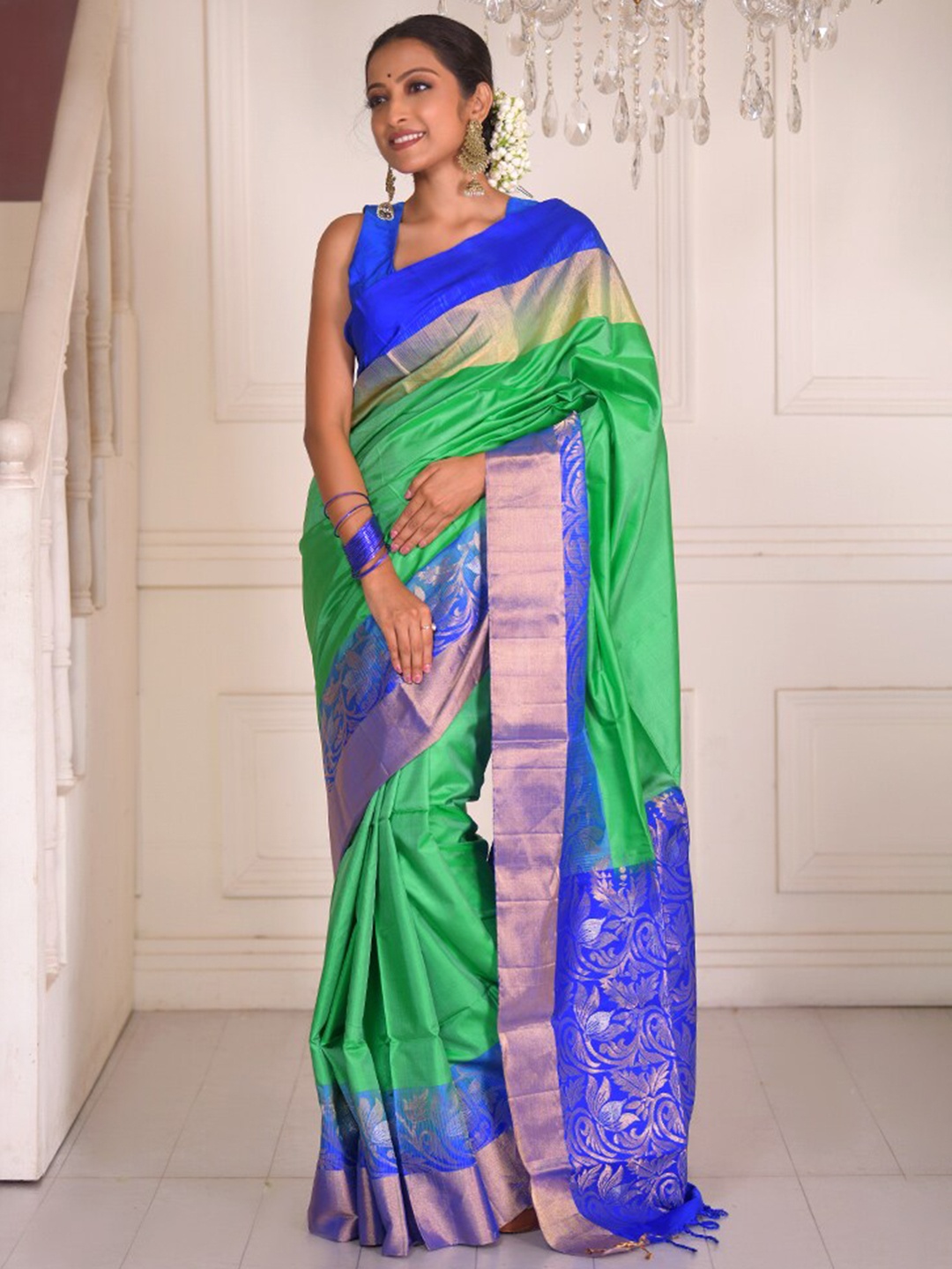 

AllSilks Zari Detailed Pure Silk Kanjeevaram Saree, Green