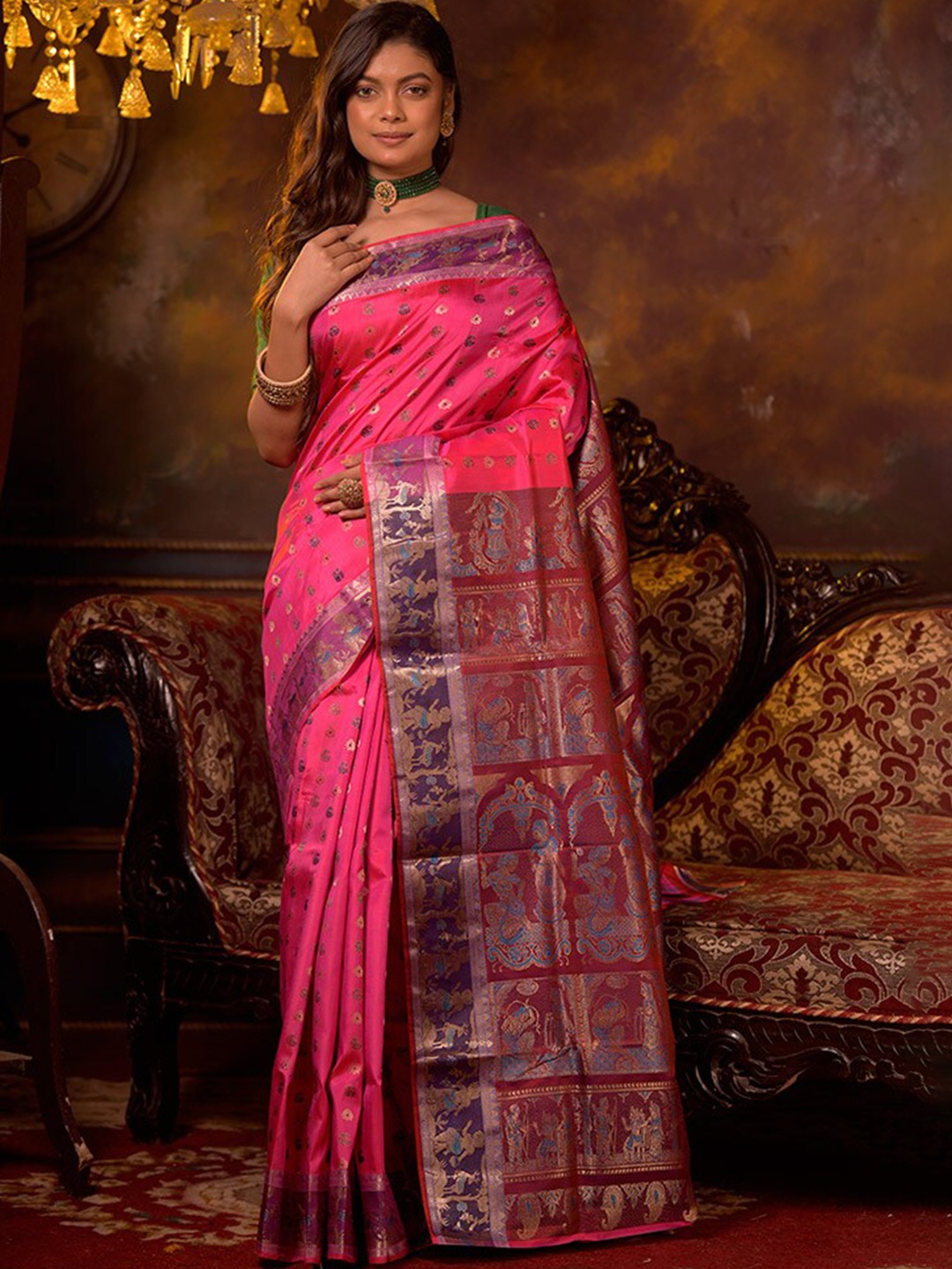 

AllSilks Ethnic Motifs Woven Design Zari Pure Silk Baluchari Saree, Pink
