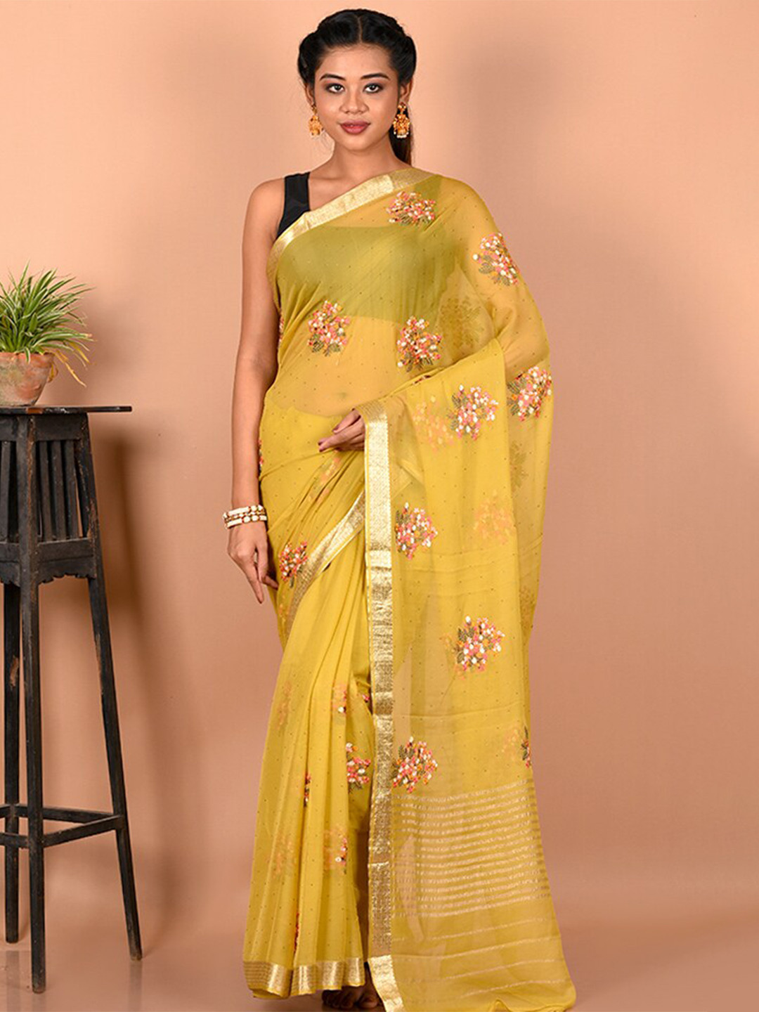 

AllSilks Floral Embroidered Zari Pure Chiffon Saree, Lime green