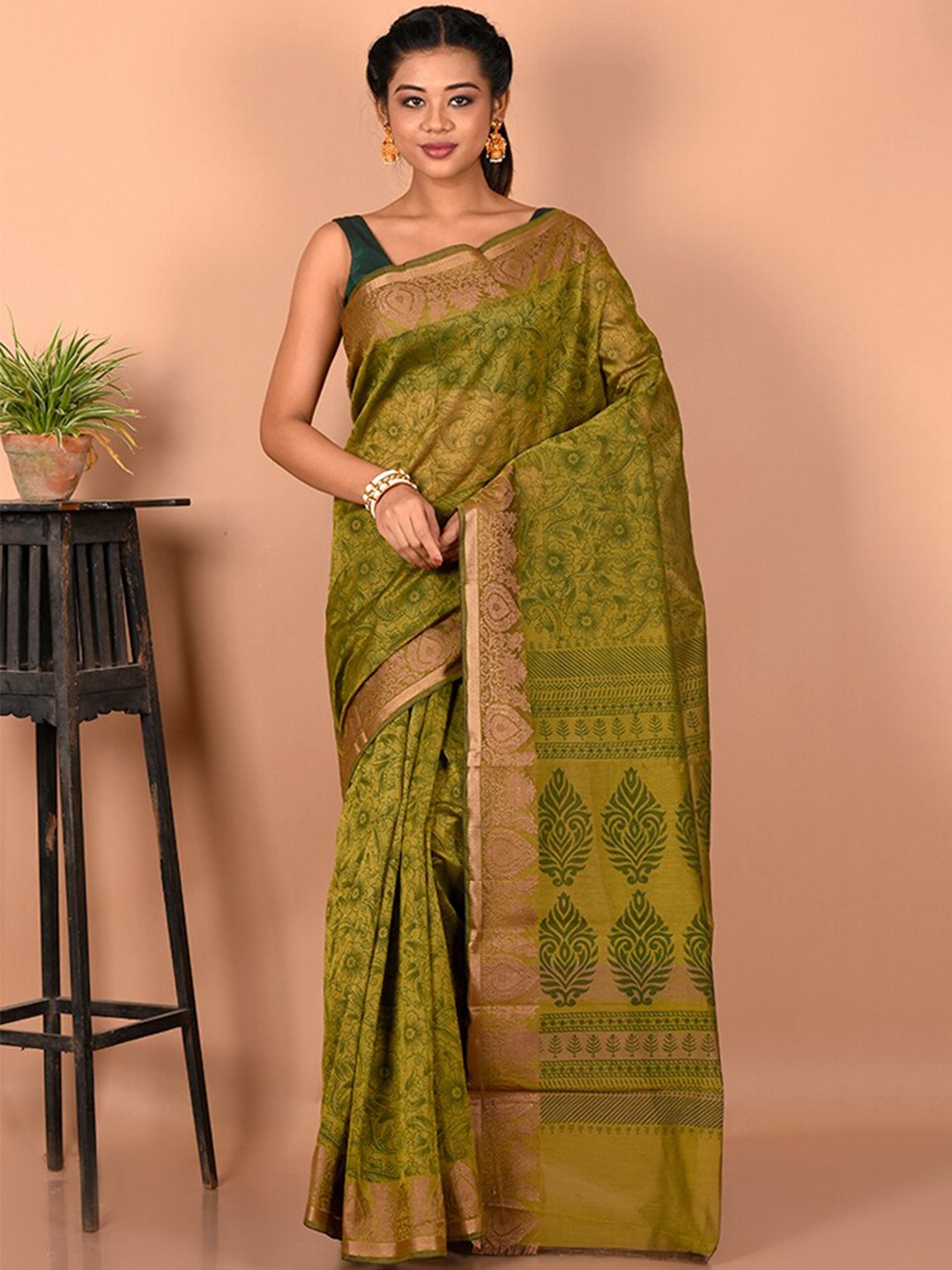 

AllSilks Floral Printed Zari Art Silk Saree, Green